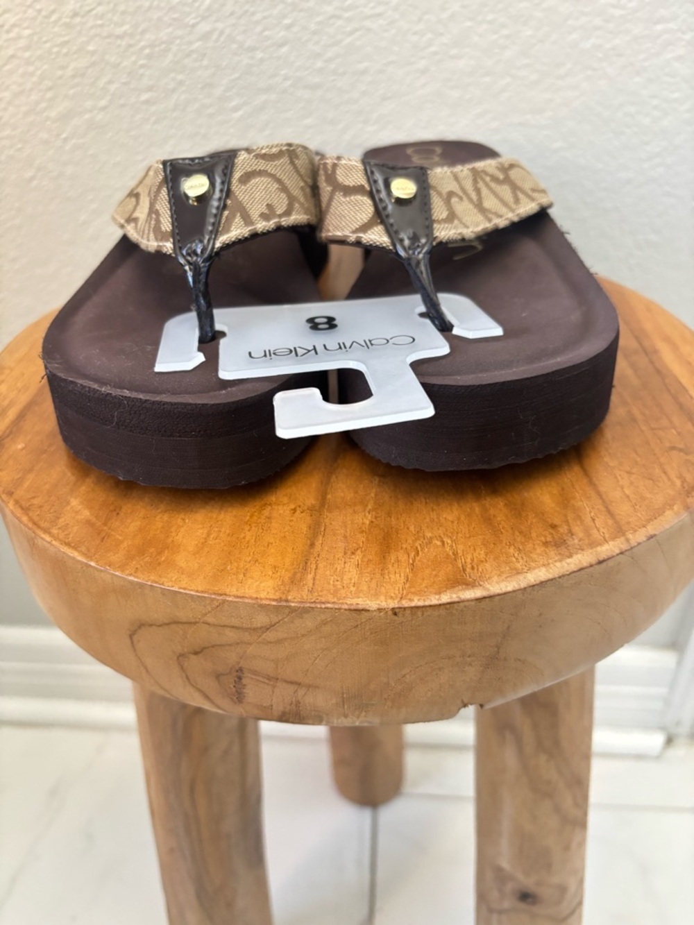 Calvin Klein Brown Logo Canvas Wedge Thong flip flop Sandals platform NWT - Picture 2 of 12